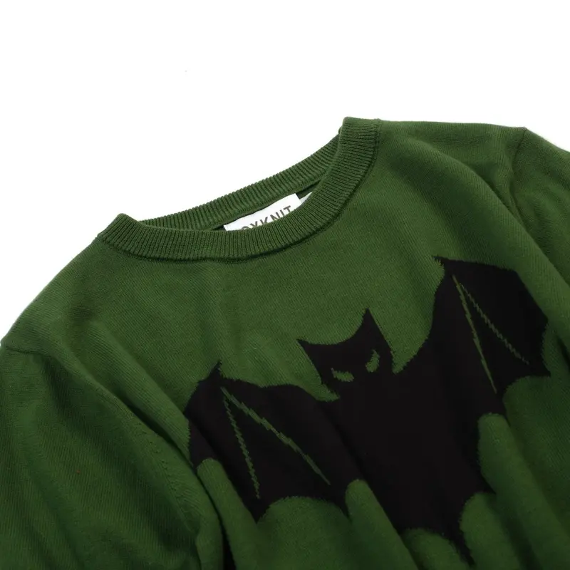 Women's Green Bat Jacquard Vintage Knit T-Shirt - Cropped Length 5