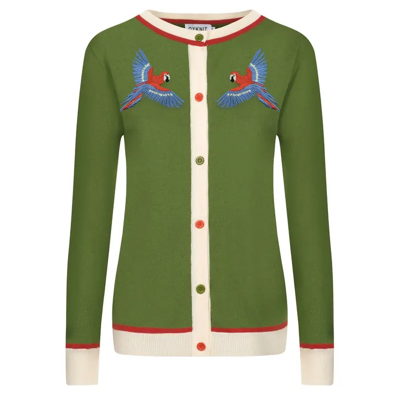 Women's Green Bird Embroidered Knitted Cardigan 1