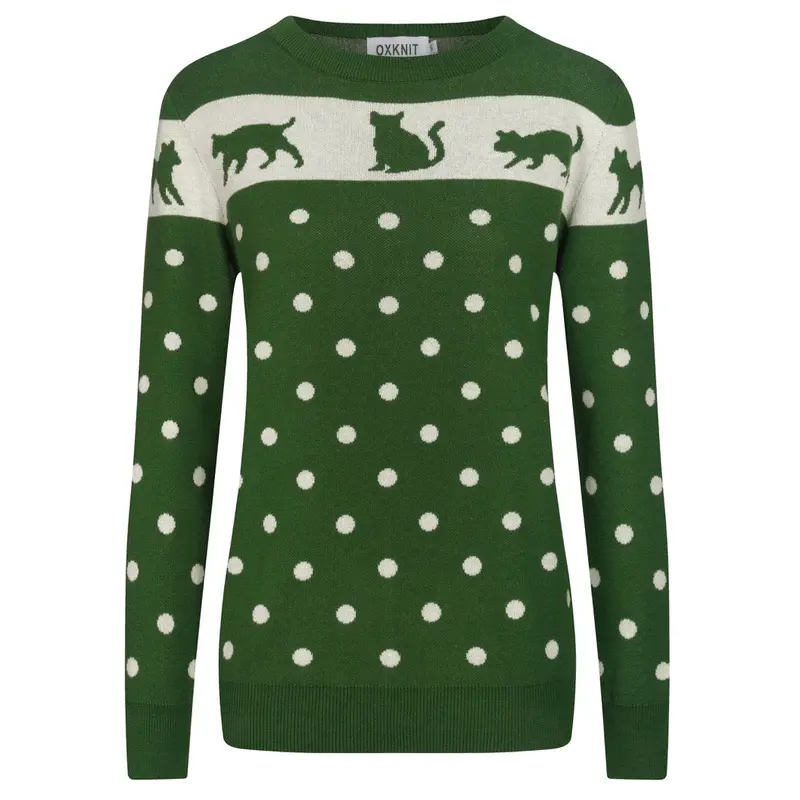 Women's Green Cat Ancient Tune Art Round Neck Knitwear 1