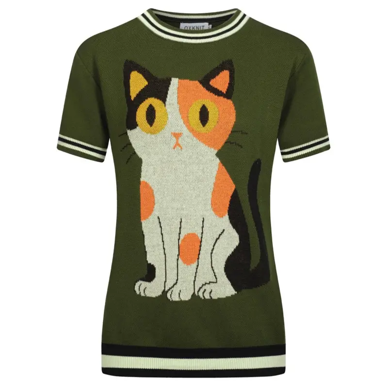 Women's Green Cat Jacquard Knitted T-Shirt 1