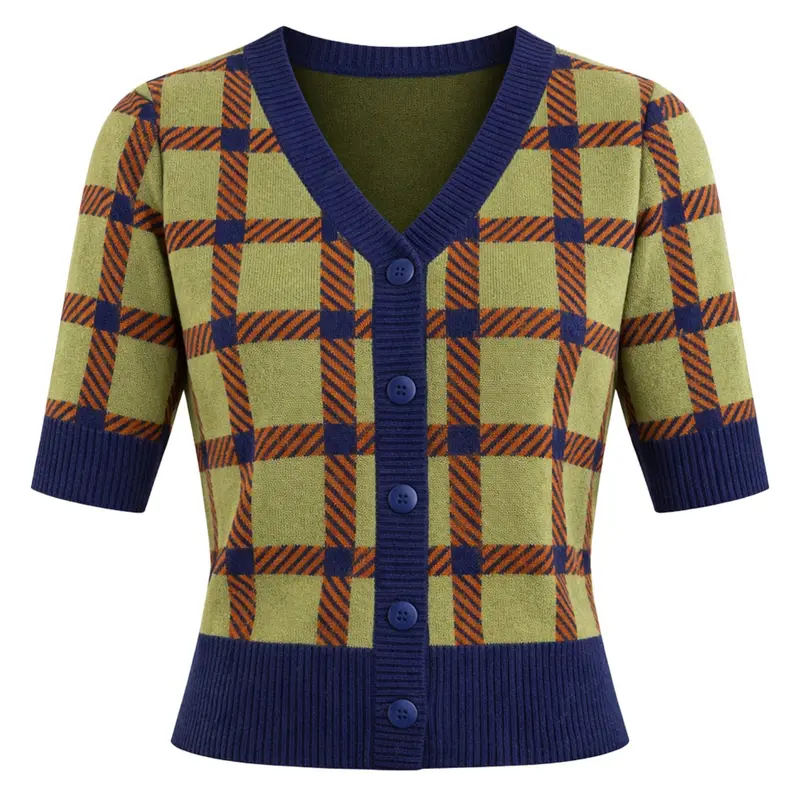 Women's Green Checkered Vintage Knitted Cardigan - Cropped Length 1