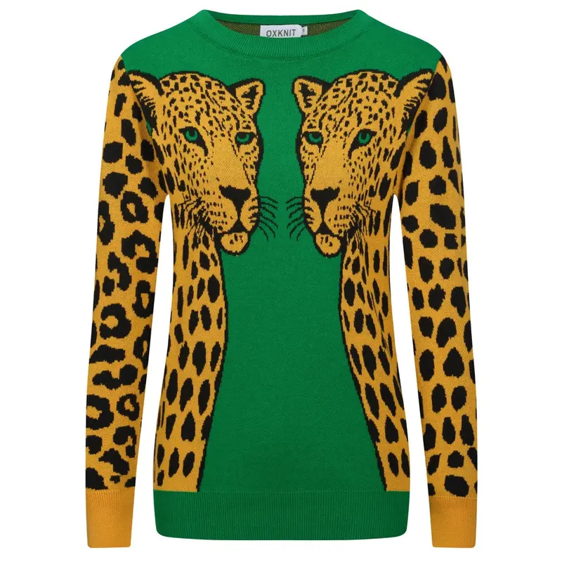 Women's Green Cheetah Jacquard Vintage Knitwear 1