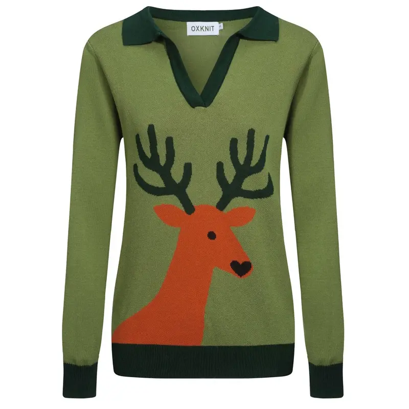 Women's Green Fawn Vintage Jacquard V-Neck Knitwear 1