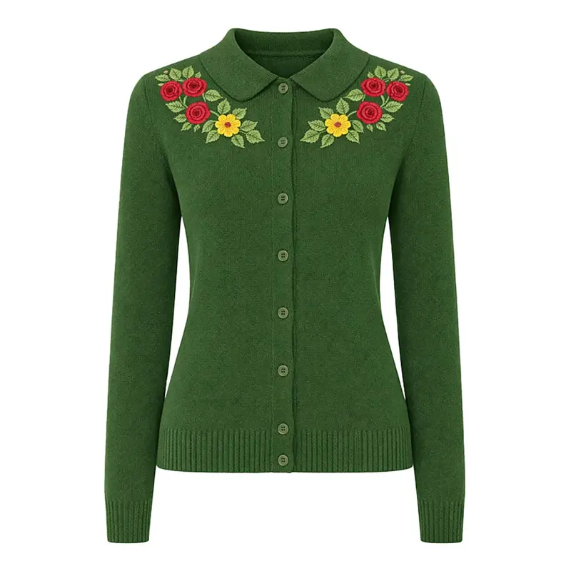Women's Green Floral Embroidered Vintage Cardigan 1
