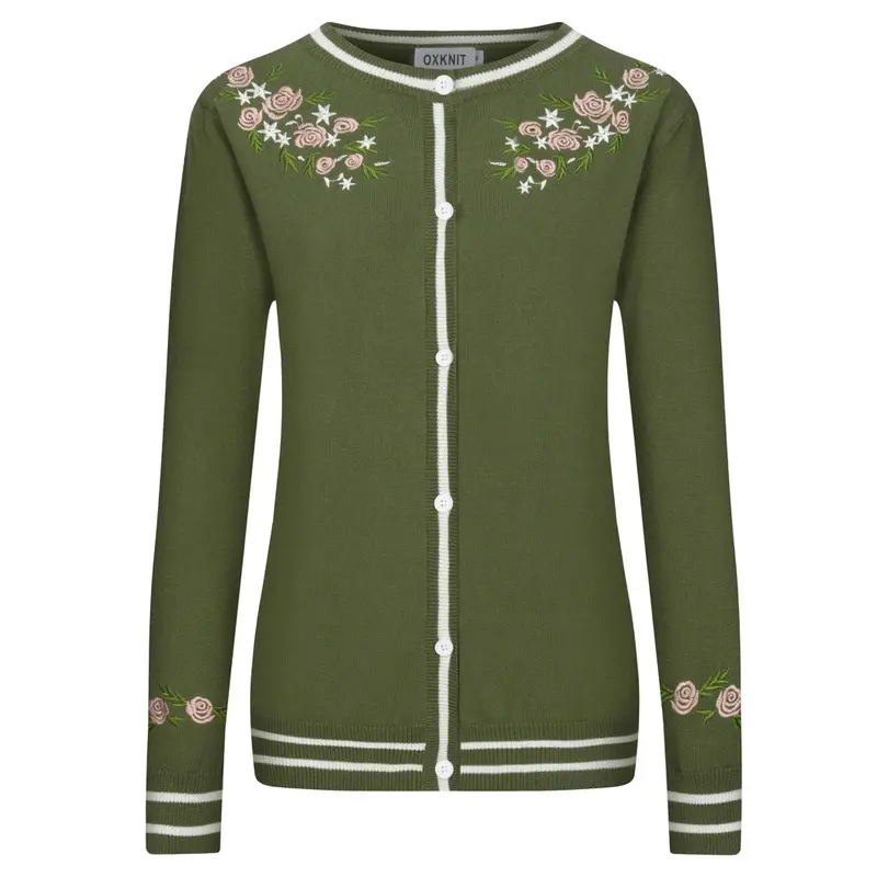 Women's Green Floral Embroidered Vintage Knitted Cardigan 1