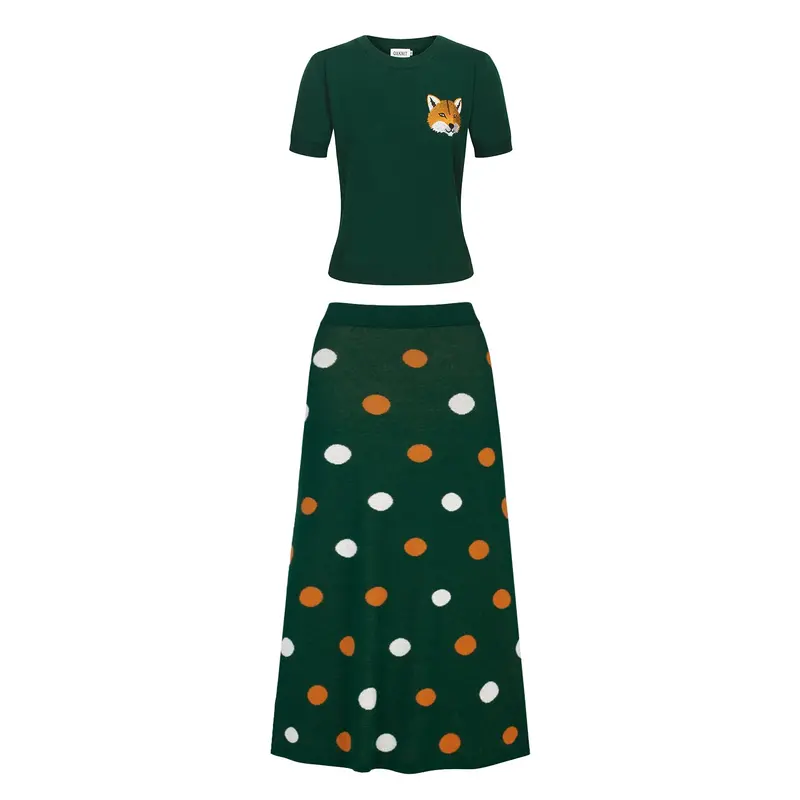 Women's Green Fox Embroidered Vintage Knit Dress Set 1