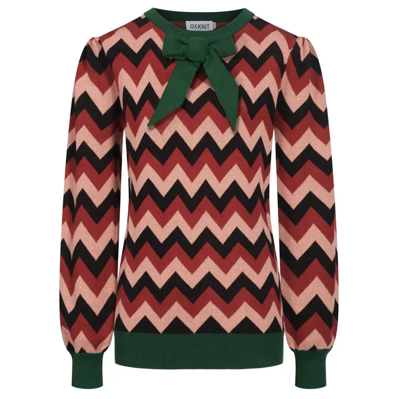 Women's Green Jacquard Bow With Bubble Sleeve Knitwear 1