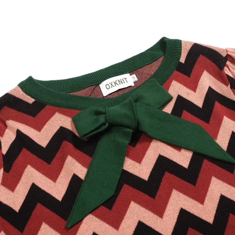 Women's Green Jacquard Bow With Bubble Sleeve Knitwear 4