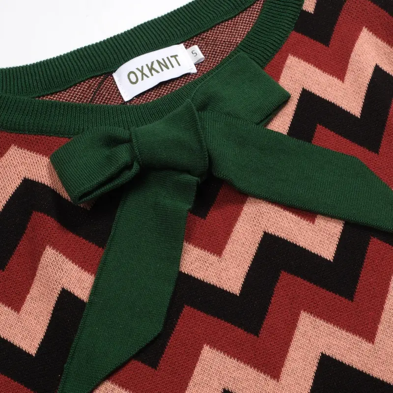 Women's Green Jacquard Bow With Bubble Sleeve Knitwear 5
