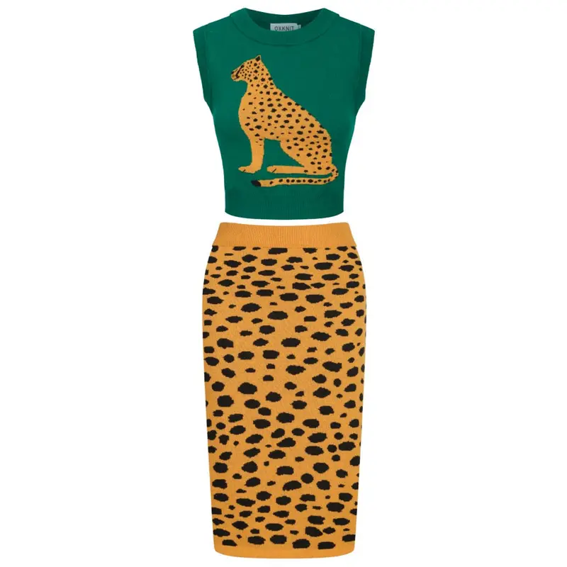 Women’S Green Leopard Print Knit Set With Cheetah Graphic 1