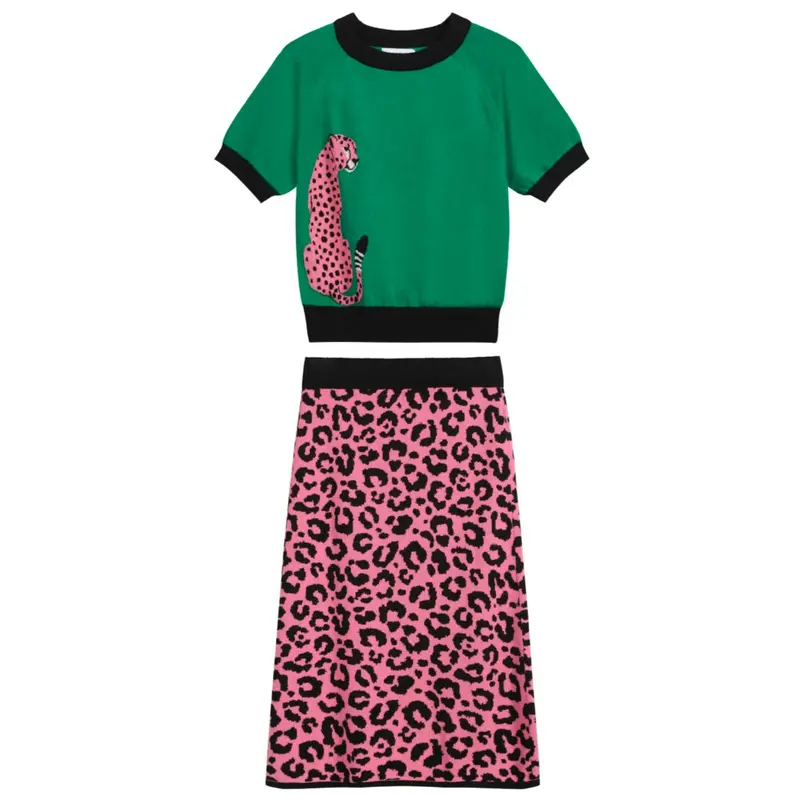Women’S Green Leopard Print Knit Set With Pink Leopard Graphic 1