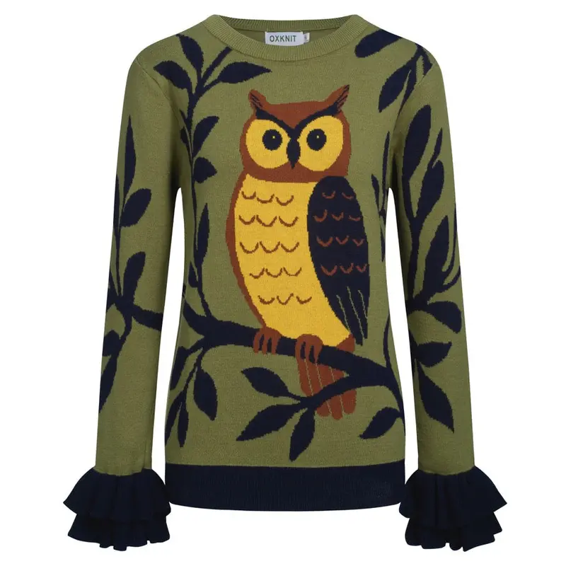 Women's Green Owl Jacquard Ruffled Design Knitwear-Longer Sleeves 1