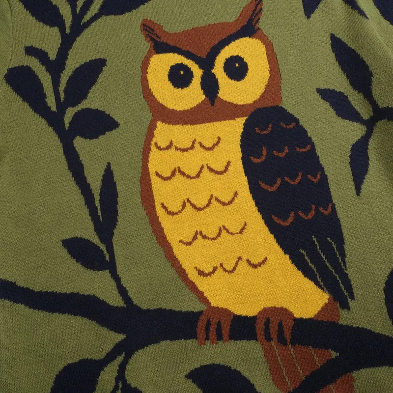 Women's Green Owl Jacquard Ruffled Design Knitwear-Longer Sleeves 2