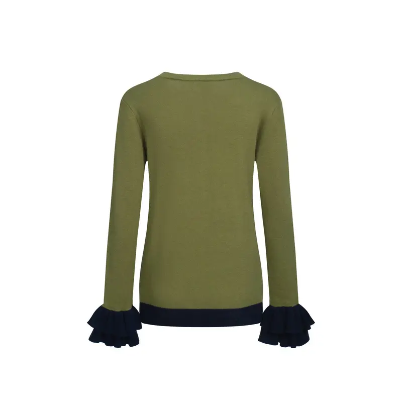 Women's Green Owl Jacquard Ruffled Design Knitwear-Longer Sleeves 3