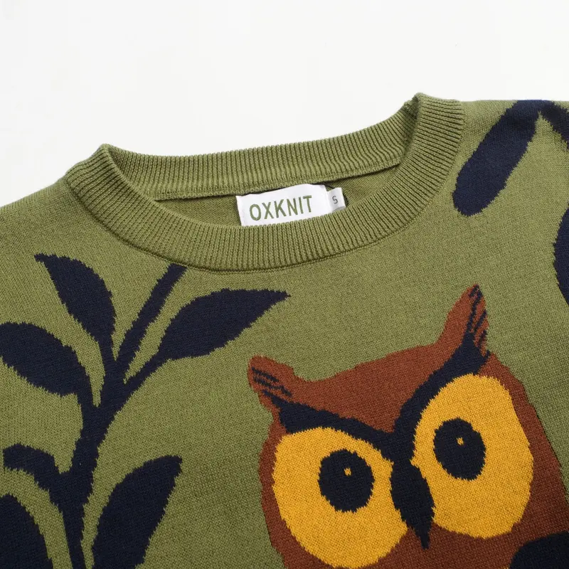 Women's Green Owl Jacquard Ruffled Design Knitwear-Longer Sleeves 4