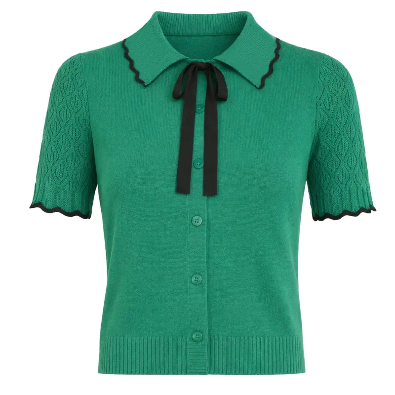 Women's Green Polo Collar Bow Tie Knit T-Shirt - Cropped Length 1