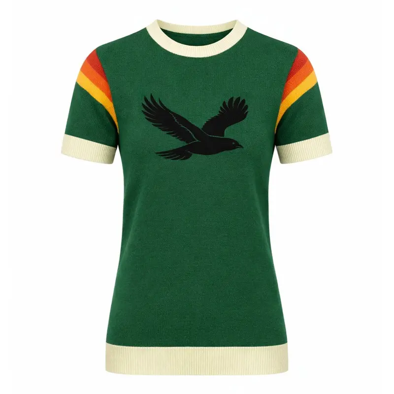 Women's Green Retro Bird Jacquard Crewneck Knit T-Shirt 1