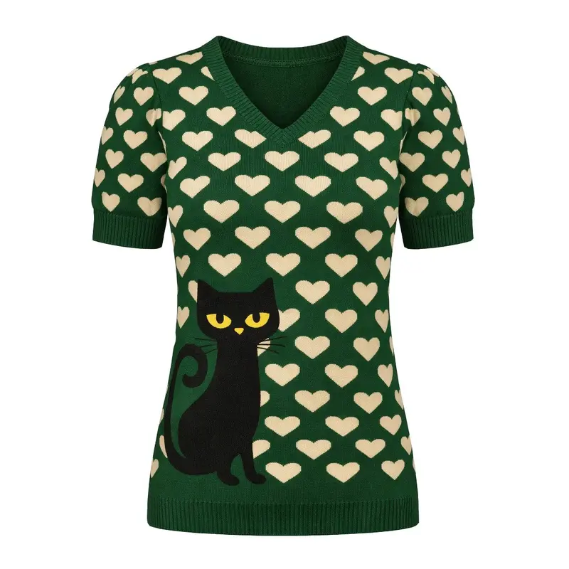 Women's Green Retro Fun Black Cat Heart V-Neck Jacquard Knit T-Shirt 1