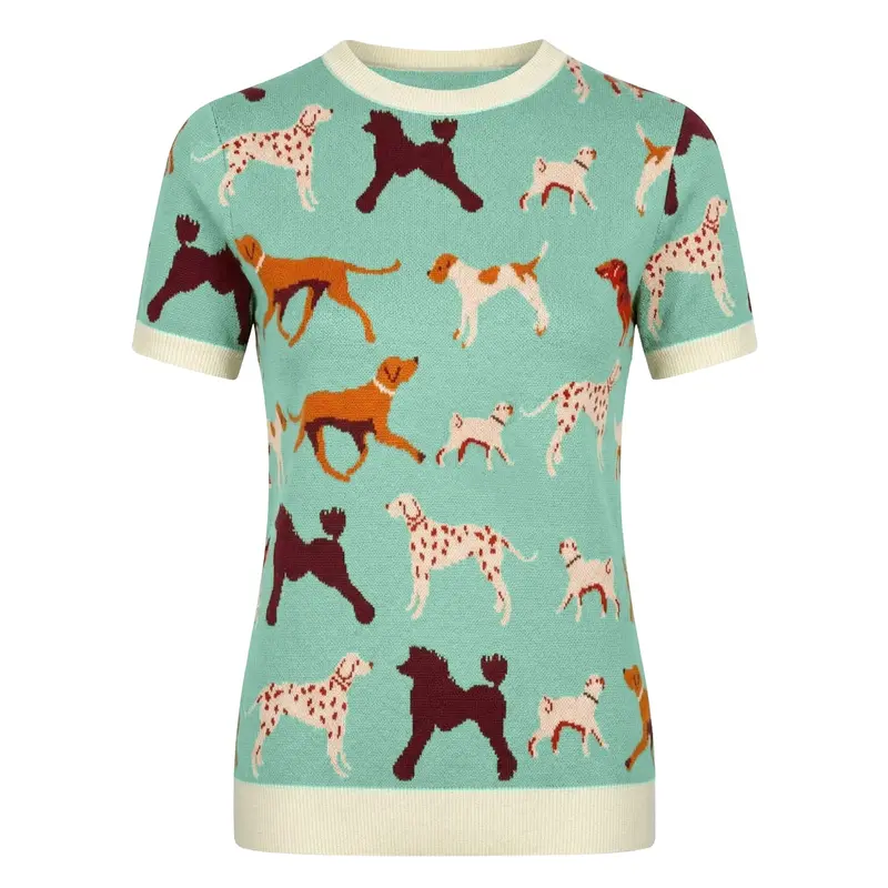 Women's Green Retro Fun Dog Jacquard Knit T-Shirt 1