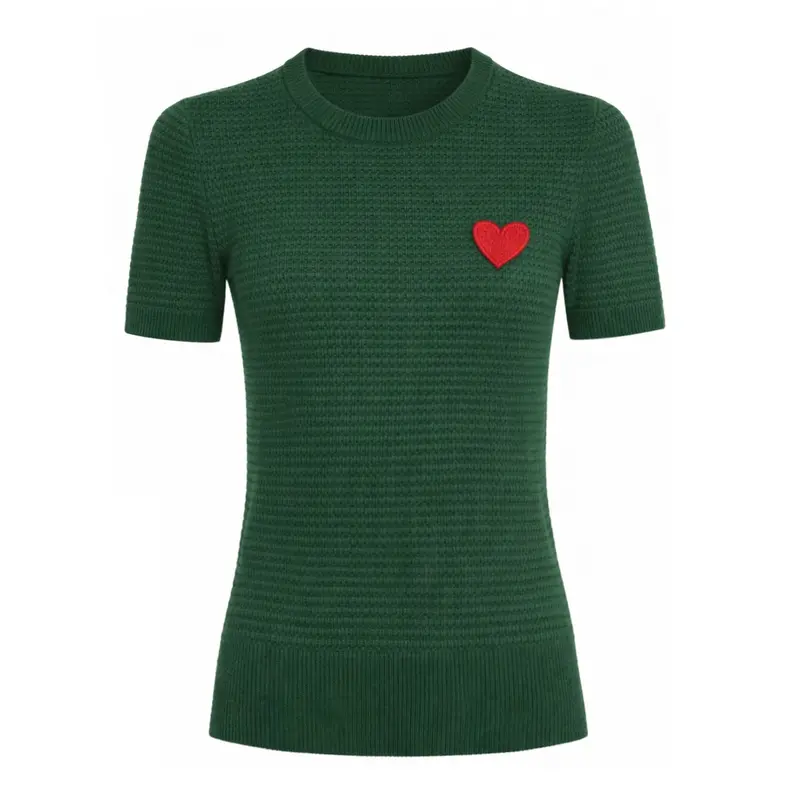 Women's Green Retro Heart Embroidered Knitted T-Shirt 1