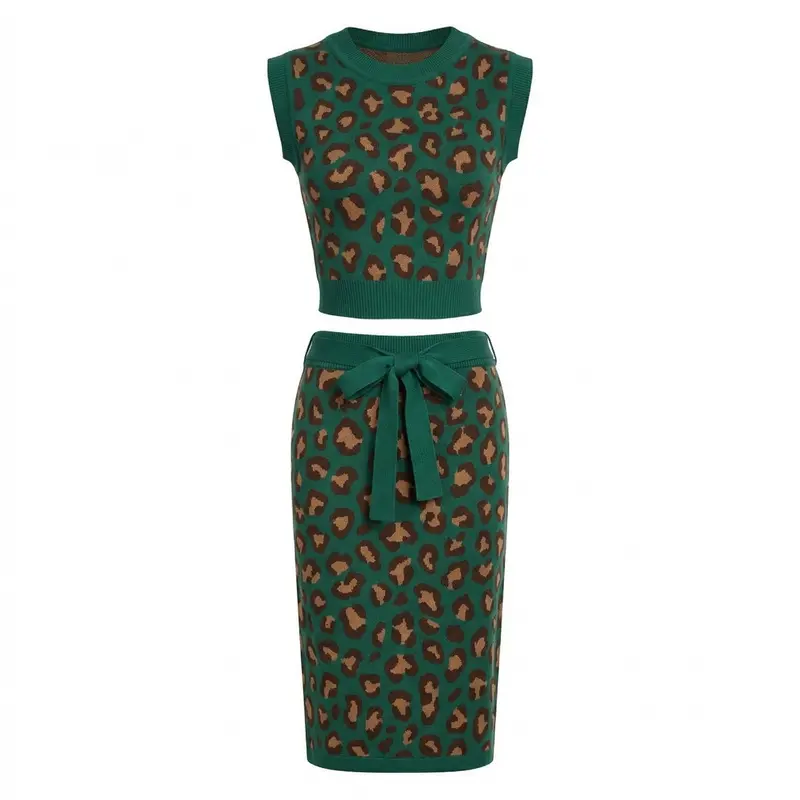 Women's Green Retro Leopard-Print Jacquard Knit Tank Dress Set 1