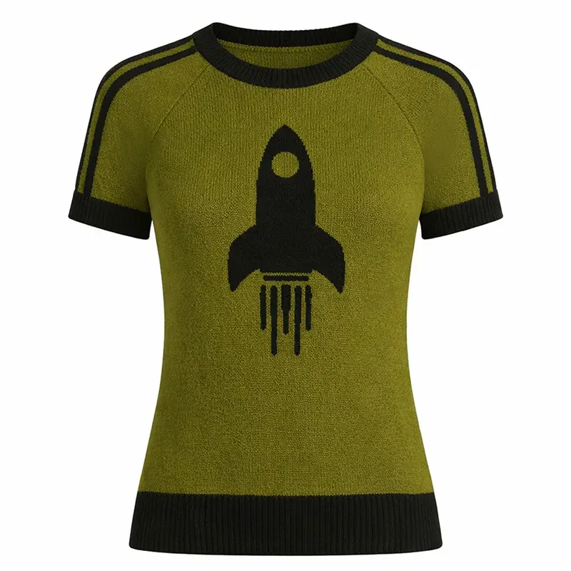 Women's Green Rocket Art Jacquard Knit T-Shirt 1