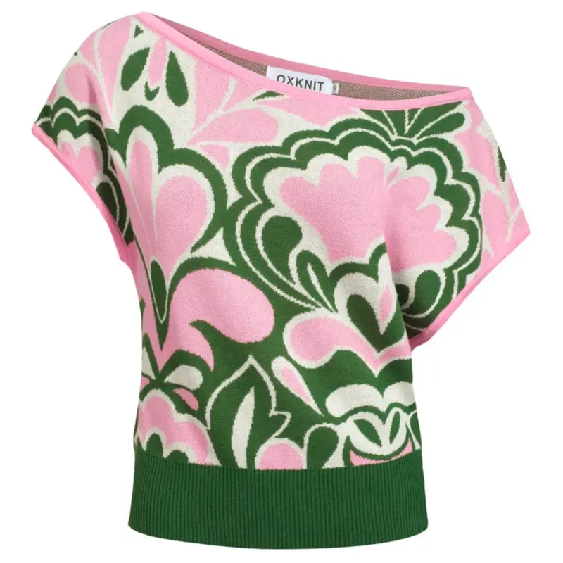 Women's Green Slant Shoulder Knit T-Shirt - Cropped Length 1