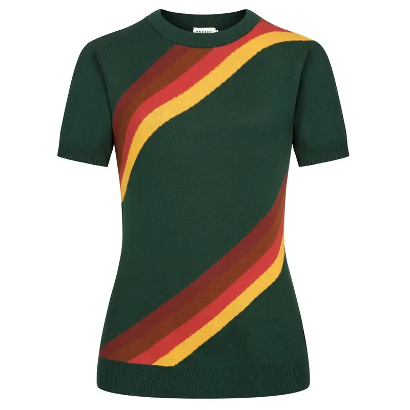 Women's Green Striped Classic Retro Jacquard Knit T-Shirt 1