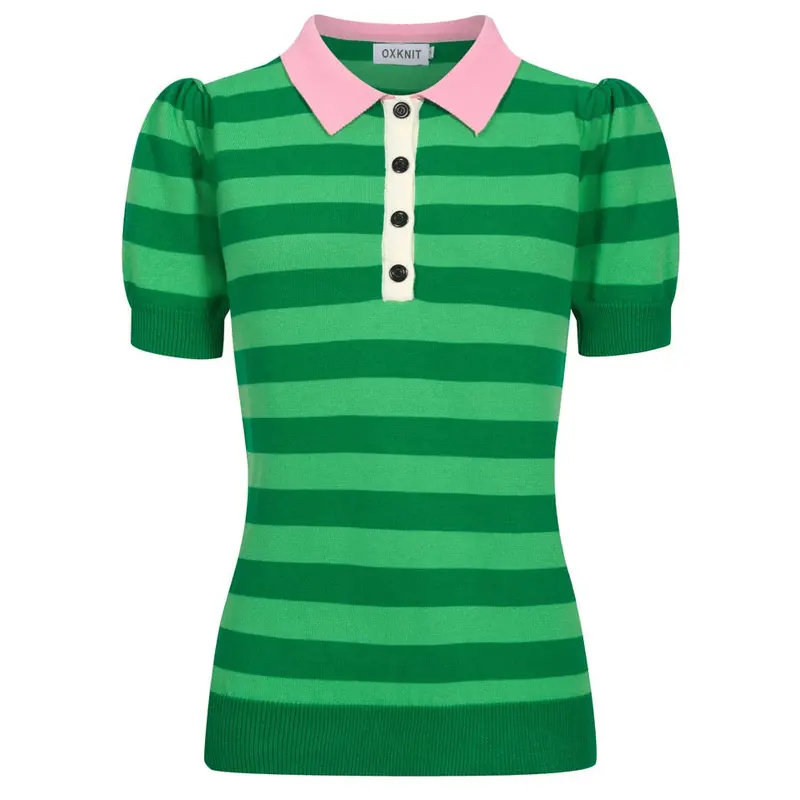 Women's Green Striped Puffed Sleeve Knitted Polo Shirt 1