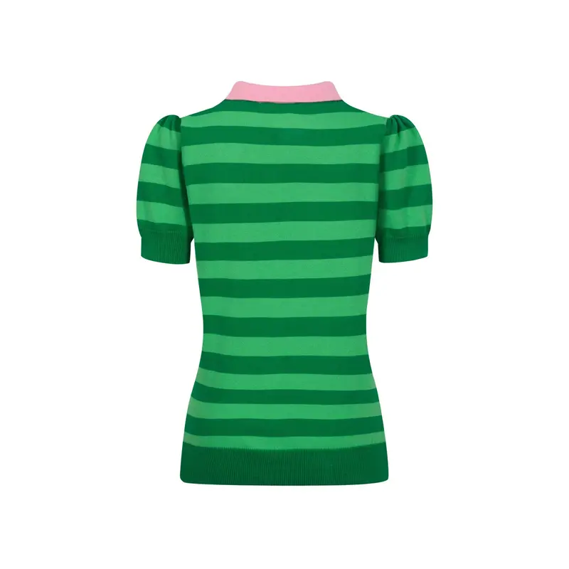 Women's Green Striped Puffed Sleeve Knitted Polo Shirt 3