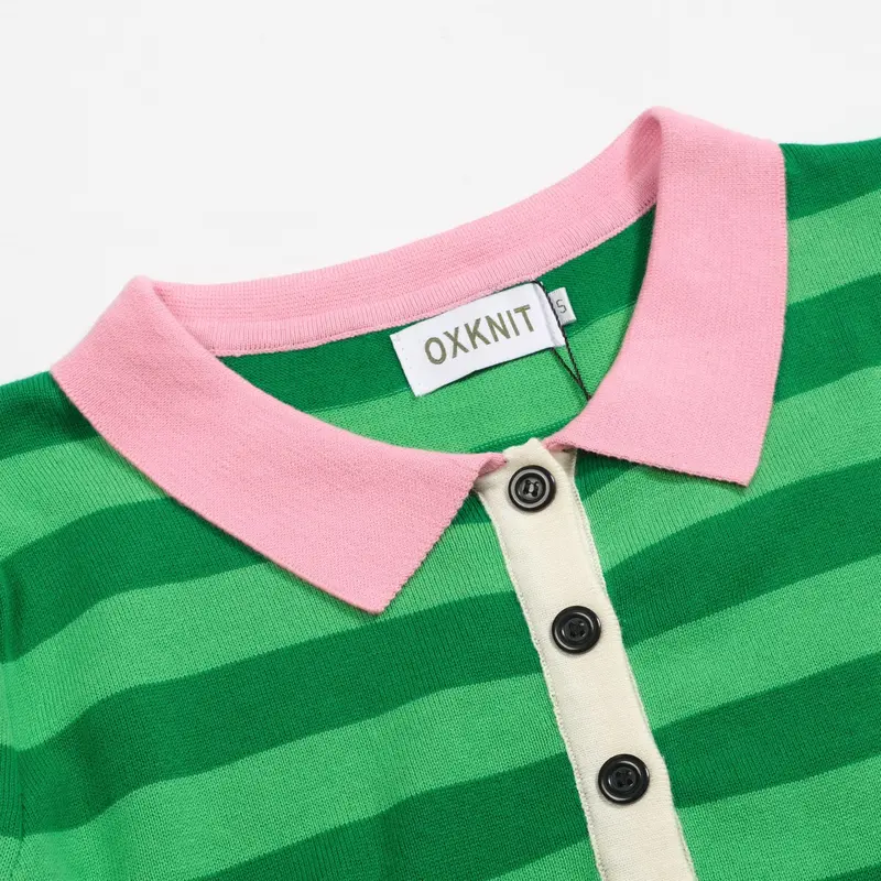 Women's Green Striped Puffed Sleeve Knitted Polo Shirt 4