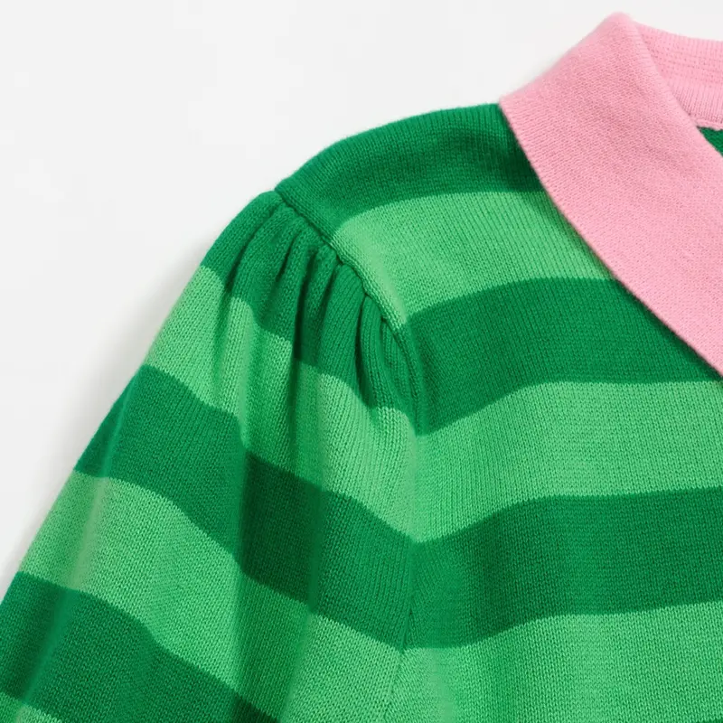 Women's Green Striped Puffed Sleeve Knitted Polo Shirt 5
