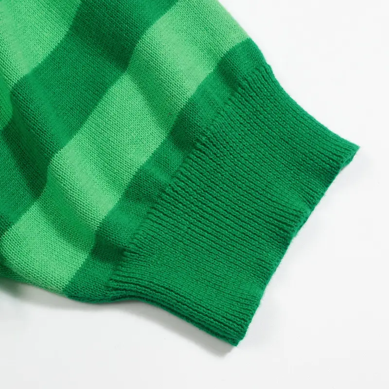 Women's Green Striped Puffed Sleeve Knitted Polo Shirt 6