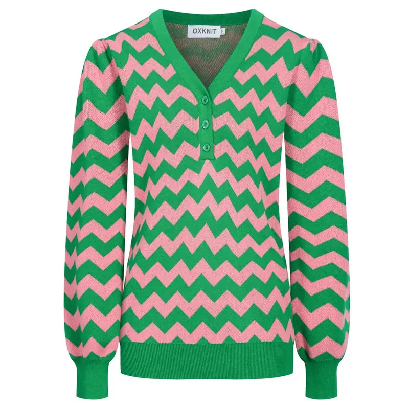 Women's Green Tooth Stripe Sleeve V-Neck Knitwear 1
