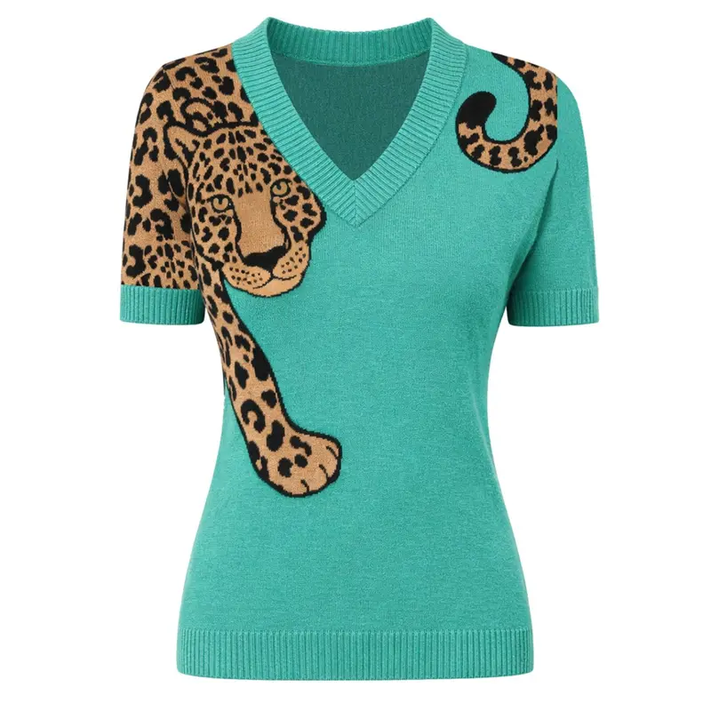 Women's Green V-Neck Leopard Print Knit T-Shirt 1