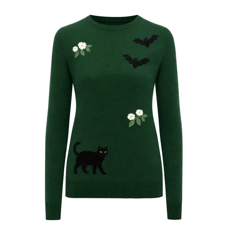 Women's Green Vintage Bat Cat Embroidered Knitwear 1