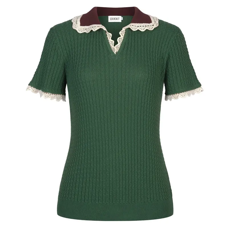 Women's Green Vintage Collegiate Style Knitted V-Neck Polo 1