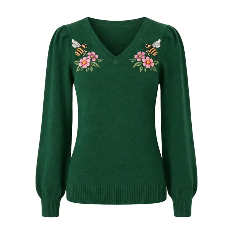 Women's Green Vintage Embroidery Bubble Sleeve Knitwear 1