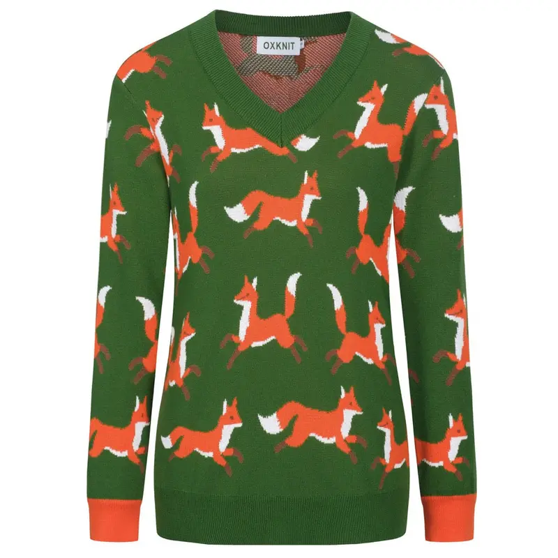 Women's Green Vintage Fox Jacquard Knitwear 1