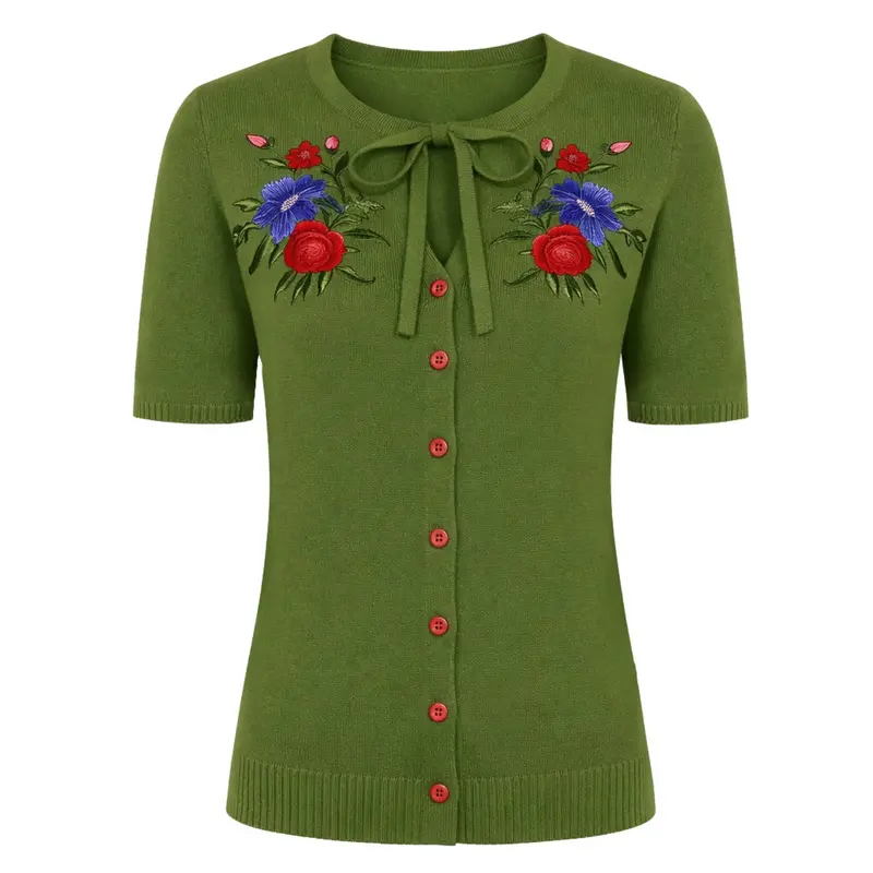 Women's Green Vintage French Artistic Rose Embroidered Cardigan 1