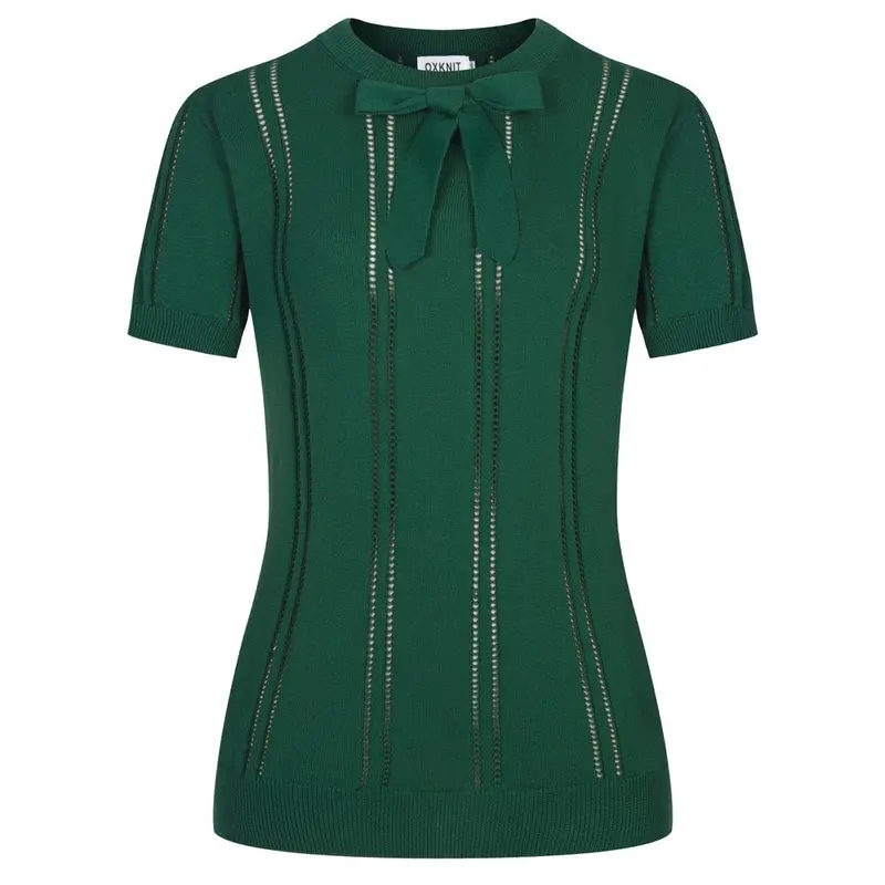 Women's Green Vintage Lace-Up Knit Summer T-Shirt 1