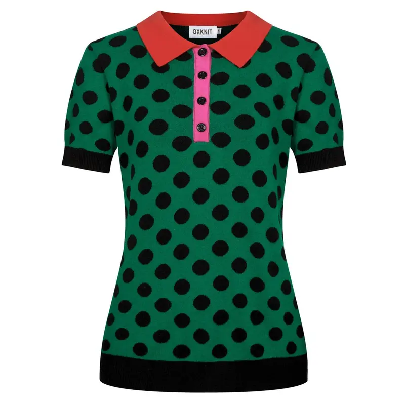 Women's Green Vintage Polka Dot Jacquard Polo Knit T-Shirt 1