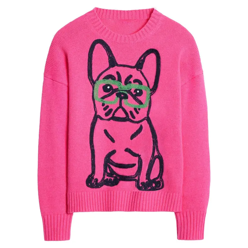 Women’S Hot Pink French Bulldog Sweater – Quirky Knit With Glasses Dog Motif 1