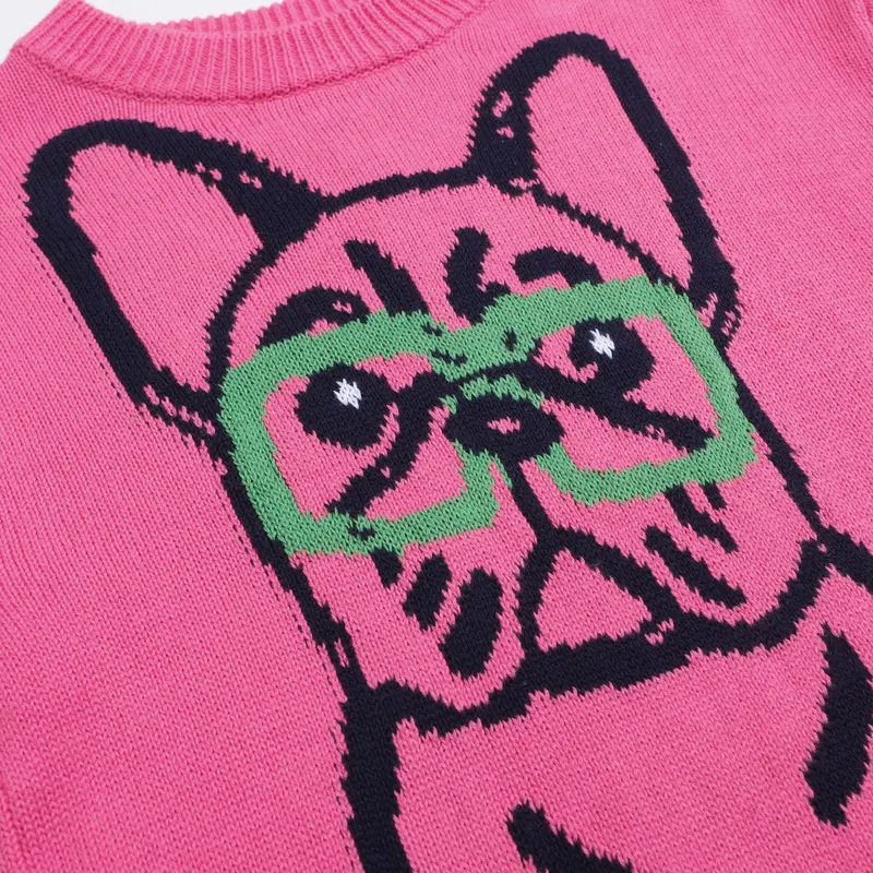 Women’S Hot Pink French Bulldog Sweater – Quirky Knit With Glasses Dog Motif 4
