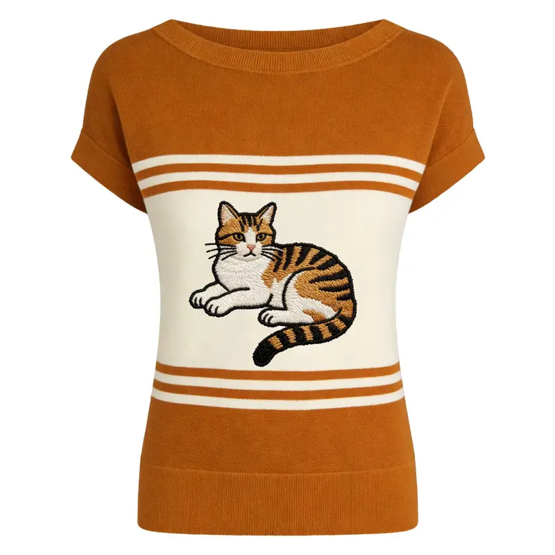 Women's Khaki Art Retro Cat Embroidery Knit T-Shirt 1