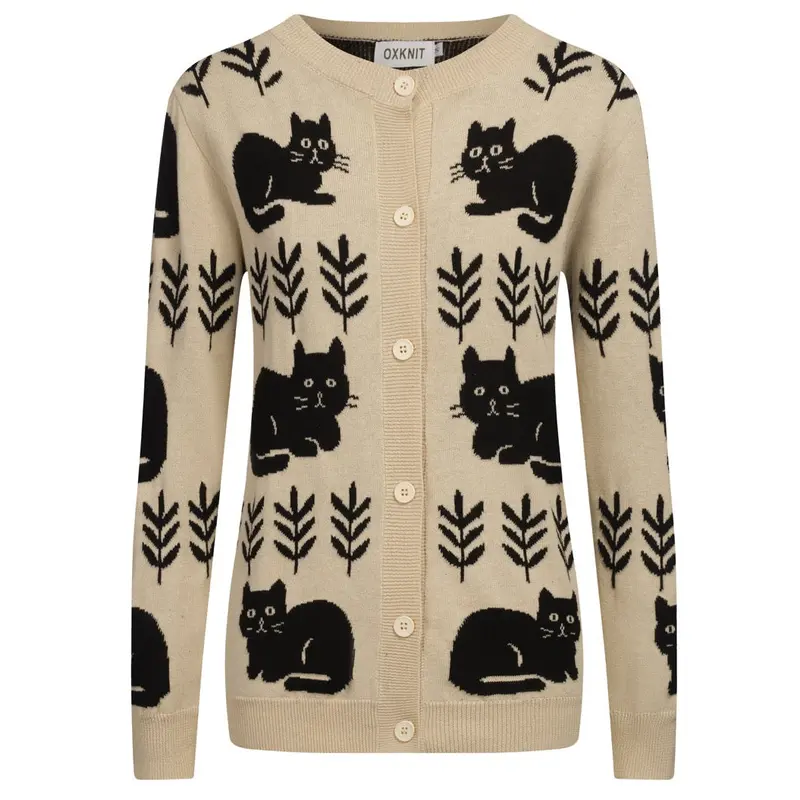 Women's Khaki Cat Vintage Knit Cardigan 1