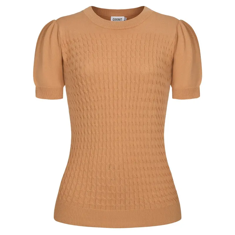 Women's Khaki Knit Texture Bubble Sleeve T-Shirt 1