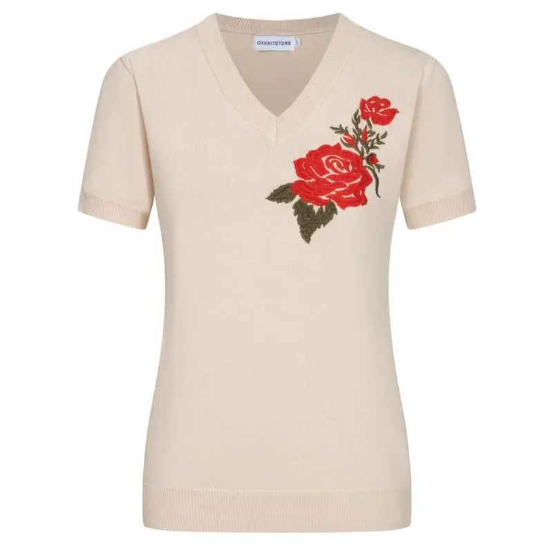 Women's Khaki Knitted V-Neck Embroidered T-Shirt 1
