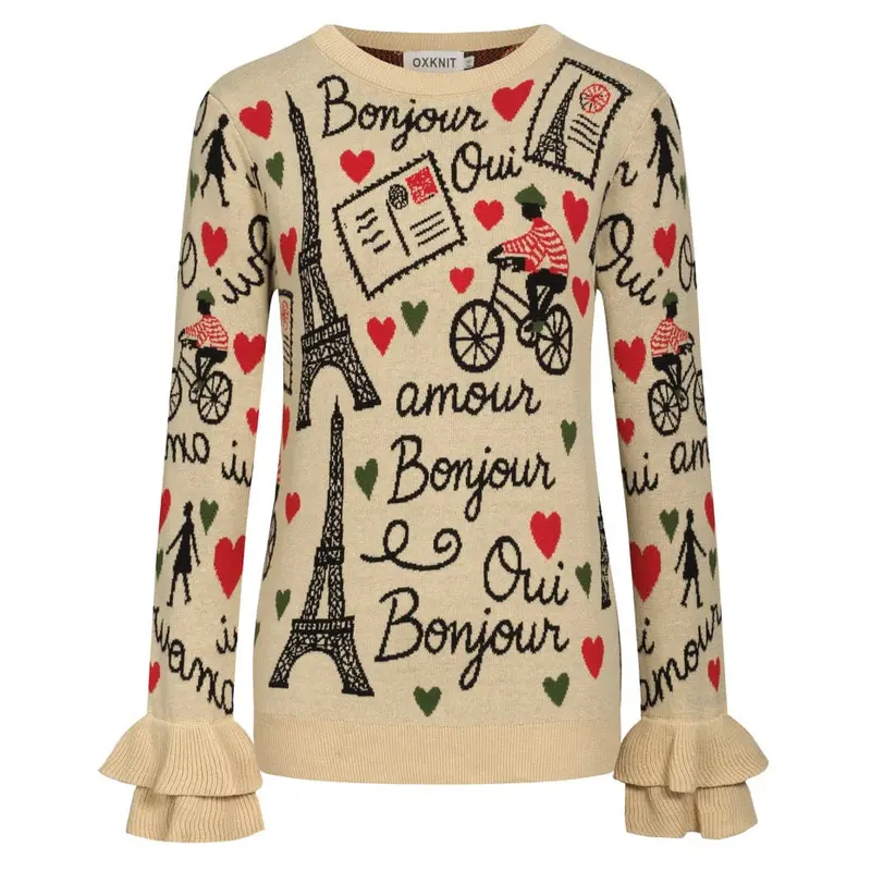 Women's Khaki Paris Theme Jacquard Ruffled Design Knitwear-Longer Sleeves 1