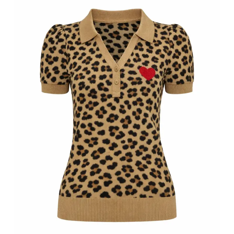 Women's Khaki Retro American Heart Embroidery Jacquard Knit T-Shirt 1